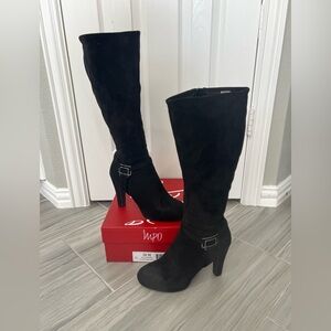 Impo Black Heeled Boots with Pewter Buckle Detail